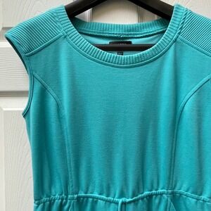 Spense Womens Sz 8 Teal Cap Sleeve Knit Drawstring Dress Pockets Ribbed Detail